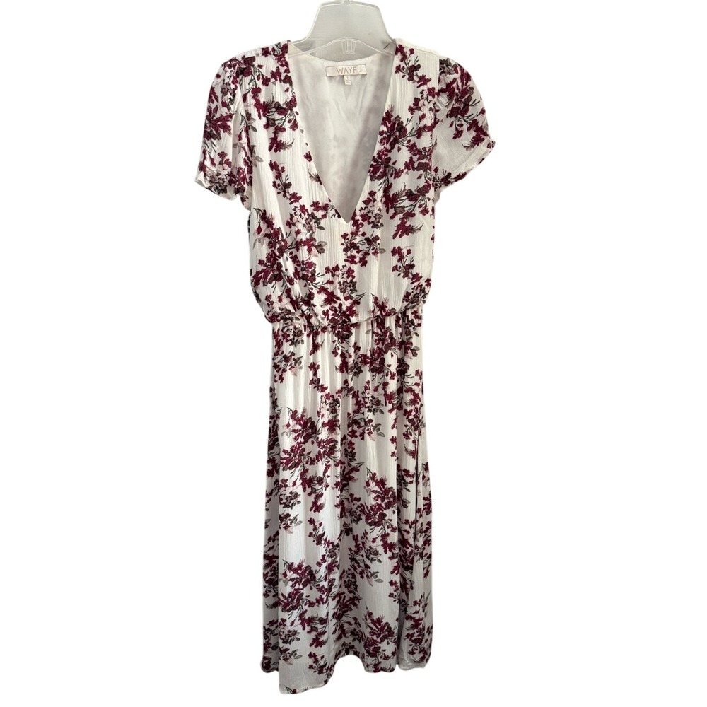 WAYF Floral V-Neck Midi Dress White Burgundy Short Sleeve‎ Size S